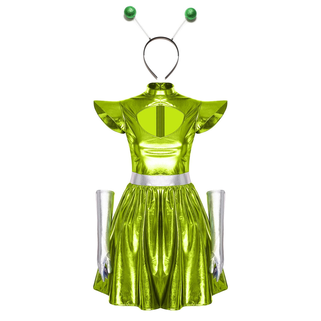 Aislor Womens Outer Space Alien Dress with Gloves Headband Halloween Space Cadet Rave Outfit Blue 3XL