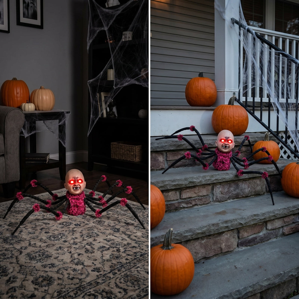 Halloween Animated Creepy Baby Head Spider Prop, Sound & Touch Activated Walking Halloween Decoration with Flashing Red Eyes, Scary Sound Effects, Indoor Outdoor Decor