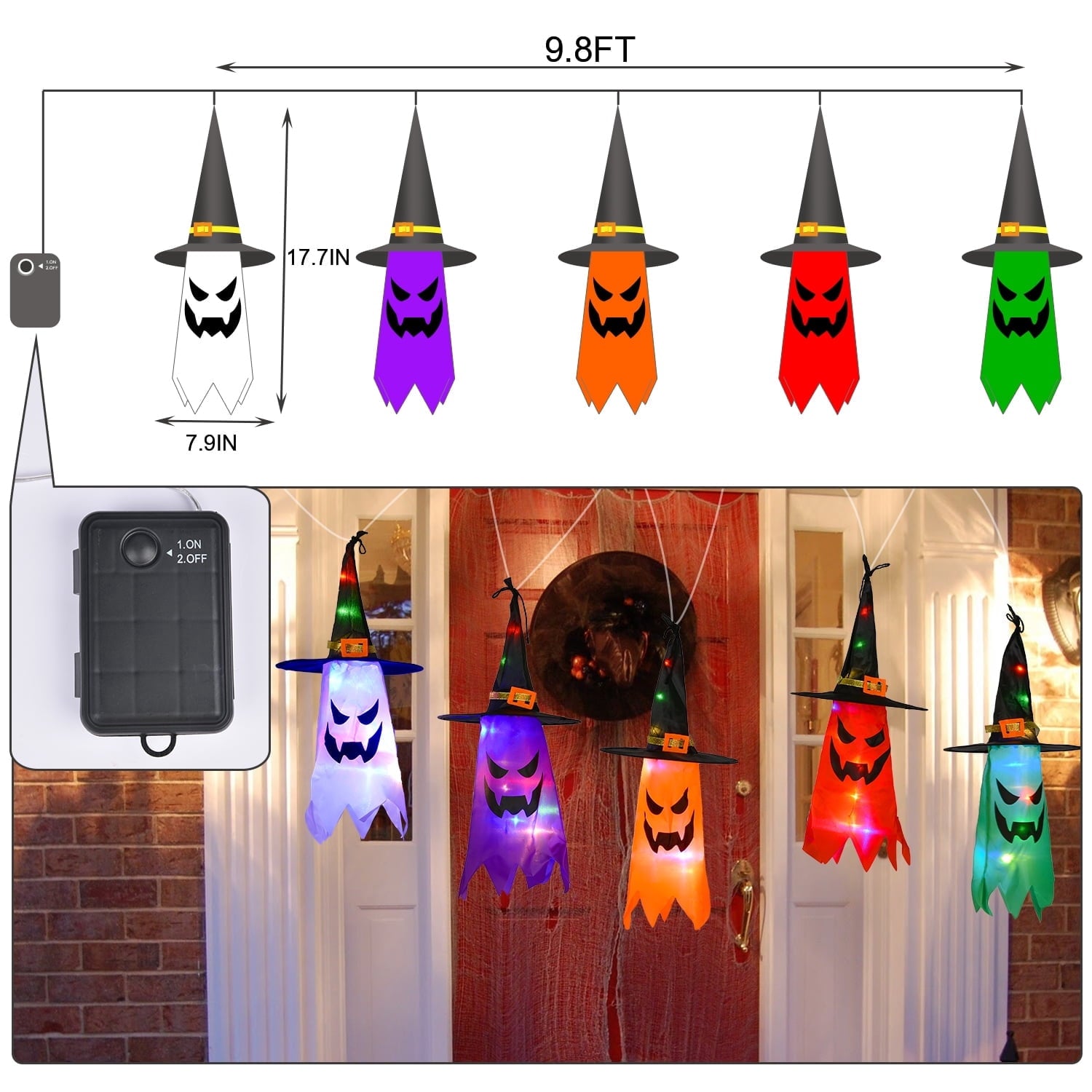 5Pcs Halloween Hanging Witch Hat String Lights, Waterproof LED Halloween Decorations, Battery Operated Colorful Glowing Witch Hat Lights for Yard Tree Porch Garden, Halloween Outdoor Decor
