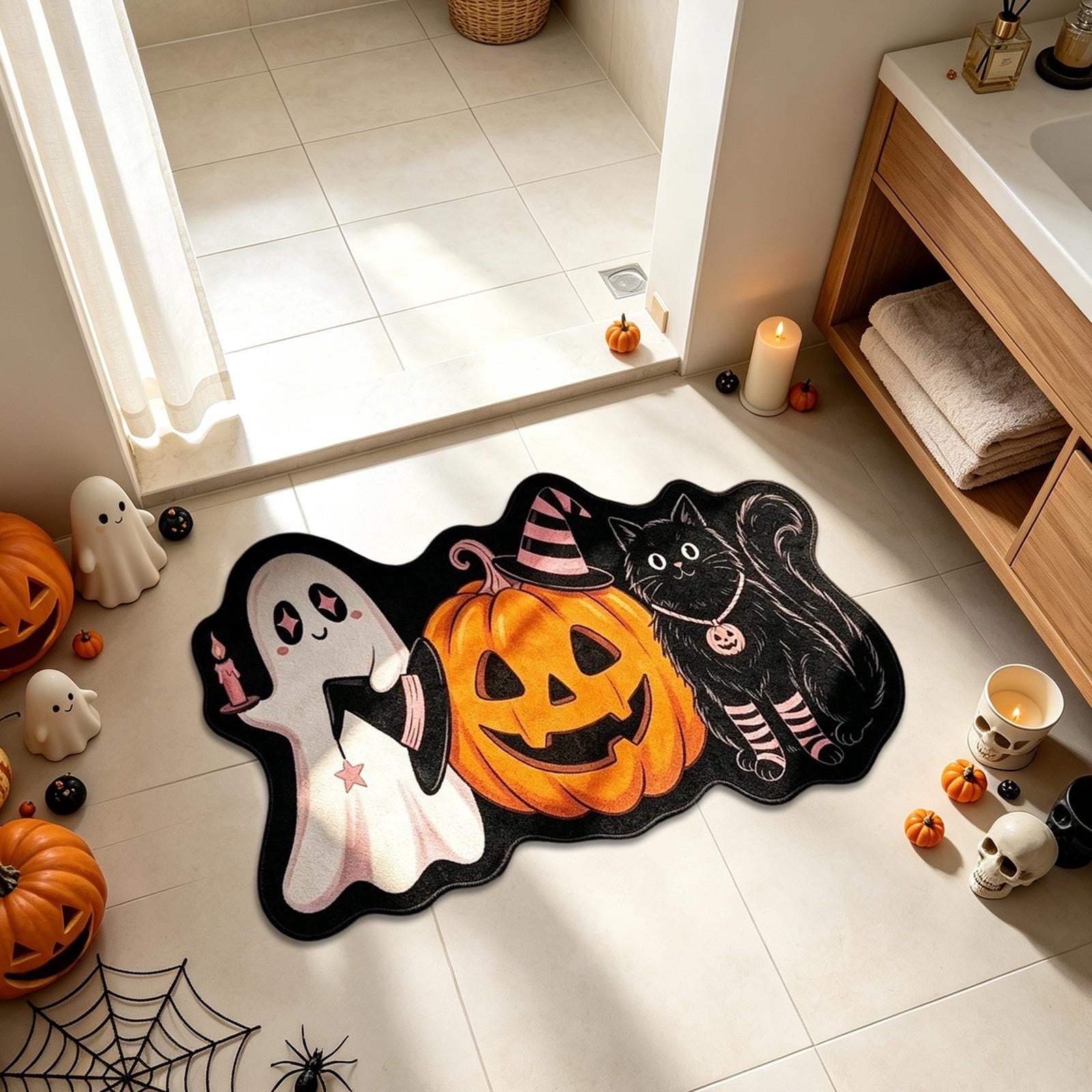 Halloween Doormat Ghost Bath Mat 23.6x15.7in Secure-Grip Absorbent Soft Faux Fur Rug for Bathroom Bedroom Living Room Decor by OVFUIZ