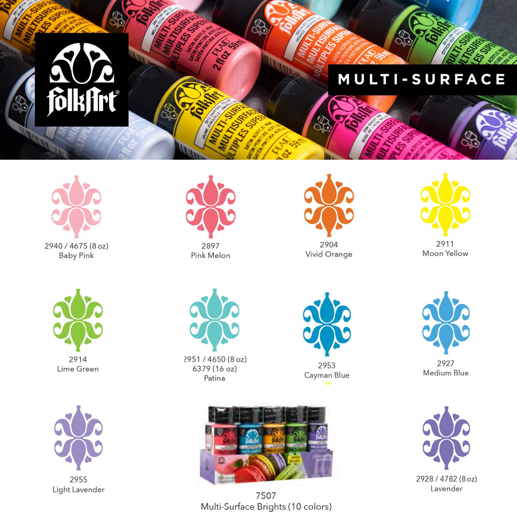 FolkArt 7507E Multi-Surface Acrylic Craft Paint Set, Satin Finish, Bright, Set of 10, 30 fl oz