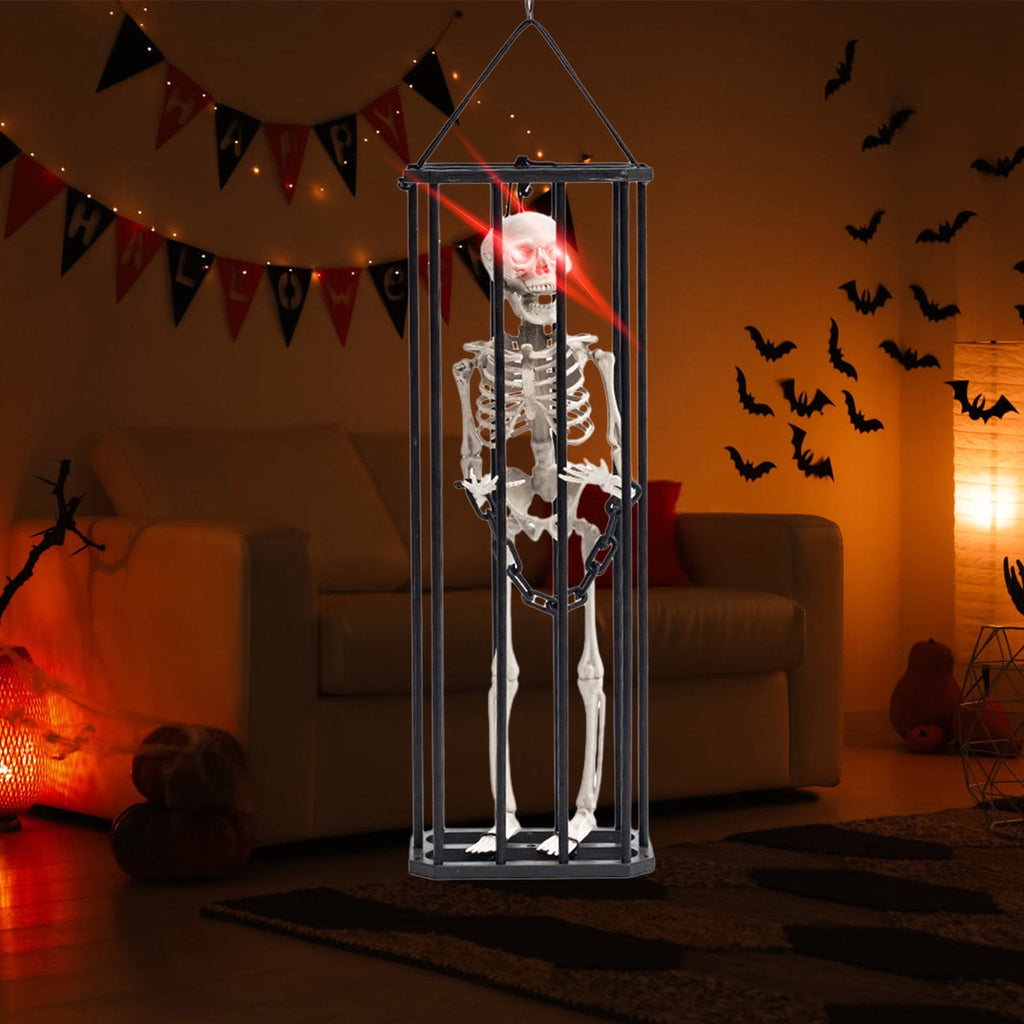 Konghyp Halloween Hanging Decoration Cage Ghost, Motion Activated Skeleton Prisoner, Creepy Party Prop for Haunted House, Animated Scare Device, Unique Halloween Decor