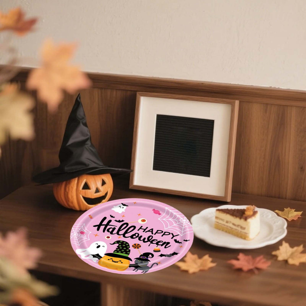 Eoozwa Pink Halloween Party Plates Set 20pcs Disposable Paper Plates and Napkins Cute Pumpkin Ghost Flower Tableware for Halloween Birthday Party Decoration Party Supplies