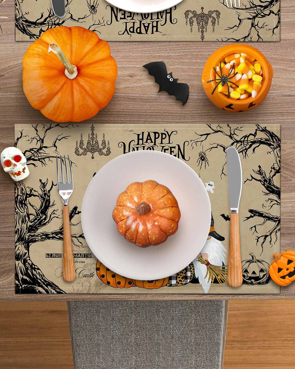 Halloween Placemats Set of 4 Gnome Pumpkin Place Mats Fall Placemat Black Bats Crow Ghosts Cobwebs Castle Table Mats for Dining Kitchen Table Holiday Dinner Party Home Decorations 13x19 Inch