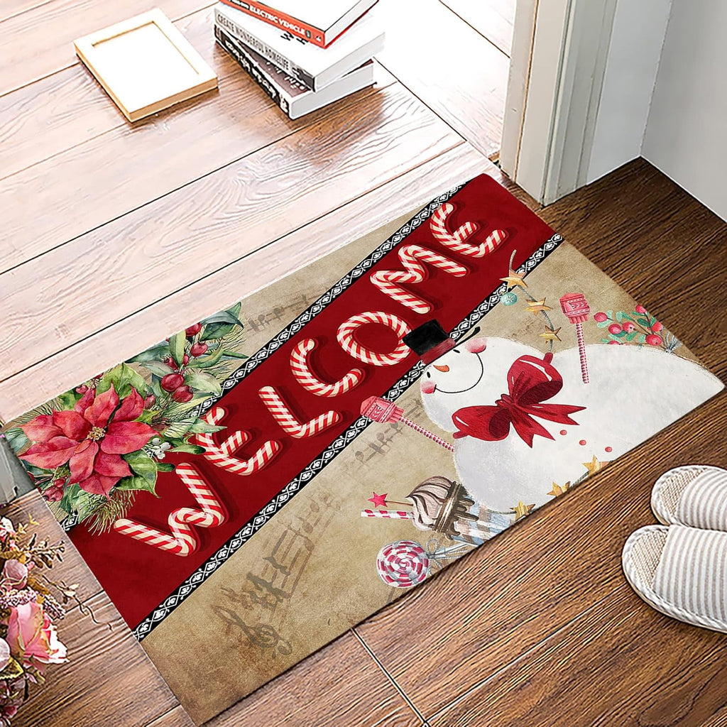Christmas Snowman Trees Entrance Door Mat, Red Plaid Low Profile Tradition Christmas Decor Welcome Doormat, Non-Slip Carpet Rugs Floor Mat Decorative for Home/Bathroom/Kitchen - 20"x31.5"