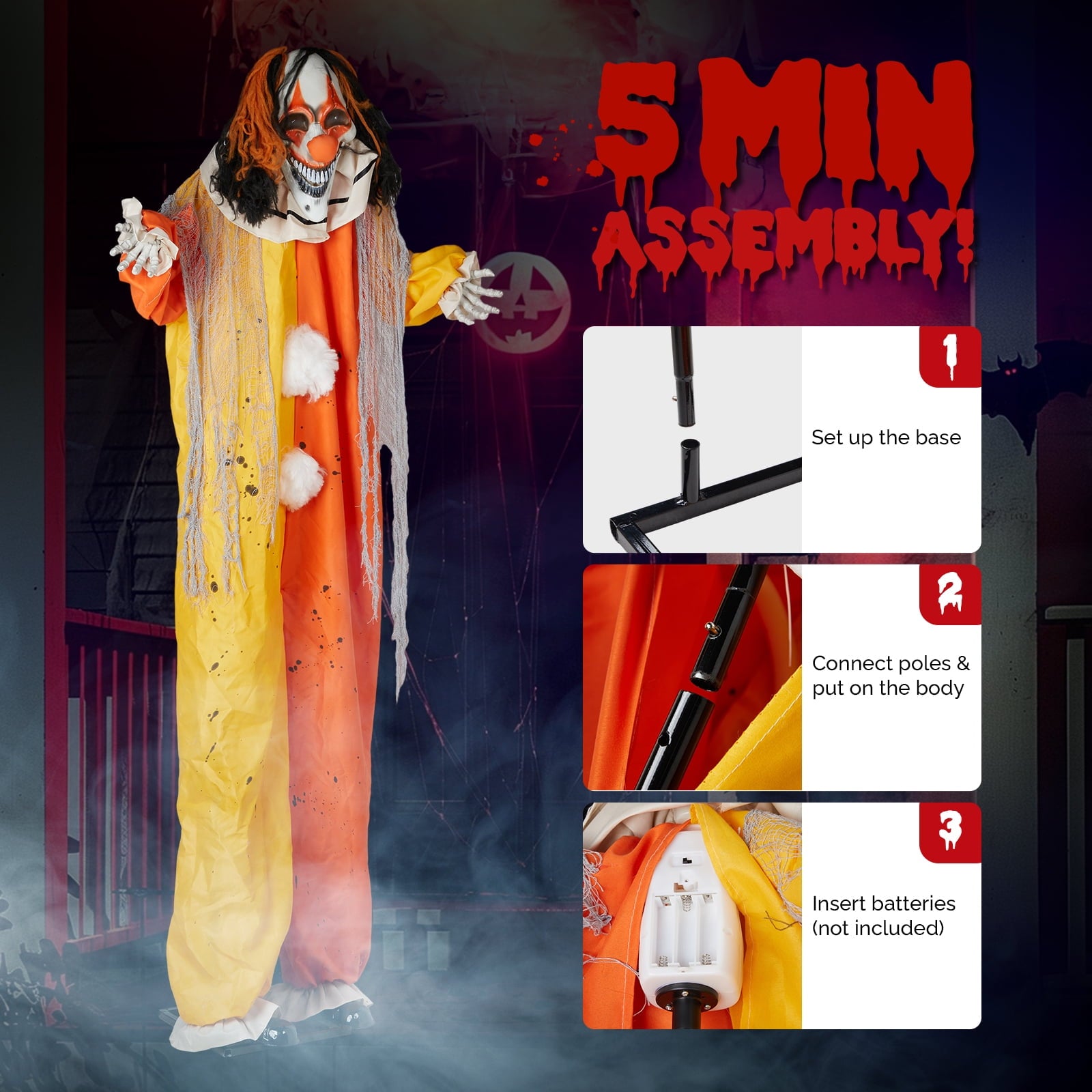 UBesGoo 8 ft Clown Animated Halloween Decoration Clown w/ Pre-Recorded Screaming, LED Eyes