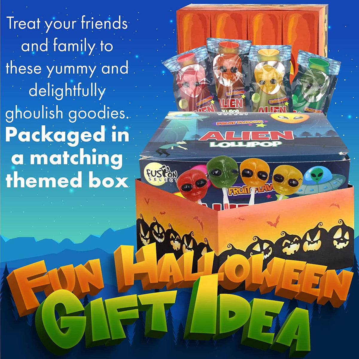 Fusion Select 30 Alien Halloween Lollipops - Trick or Treat Candies for Kids - Extraterrestrial Themed Halloween Candy Lollipops For Space Themed Events, Birthday Parties - Individually Wrapped Treats