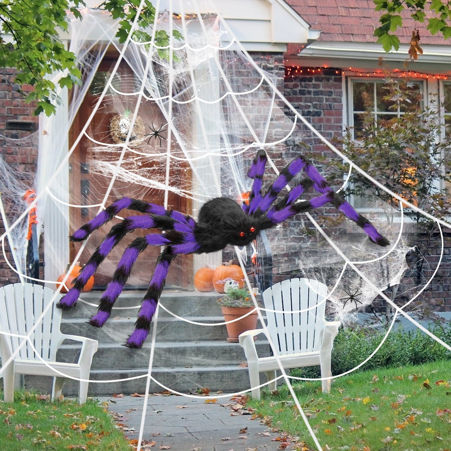 Innens 11.8ft Halloween 144 LED Purple Spider Web Lights with 35" Giant Spider Light up Cobweb Halloween Decorations for Indoor Ourdoor Garden Yard Home Patio (Black, 1Pc)