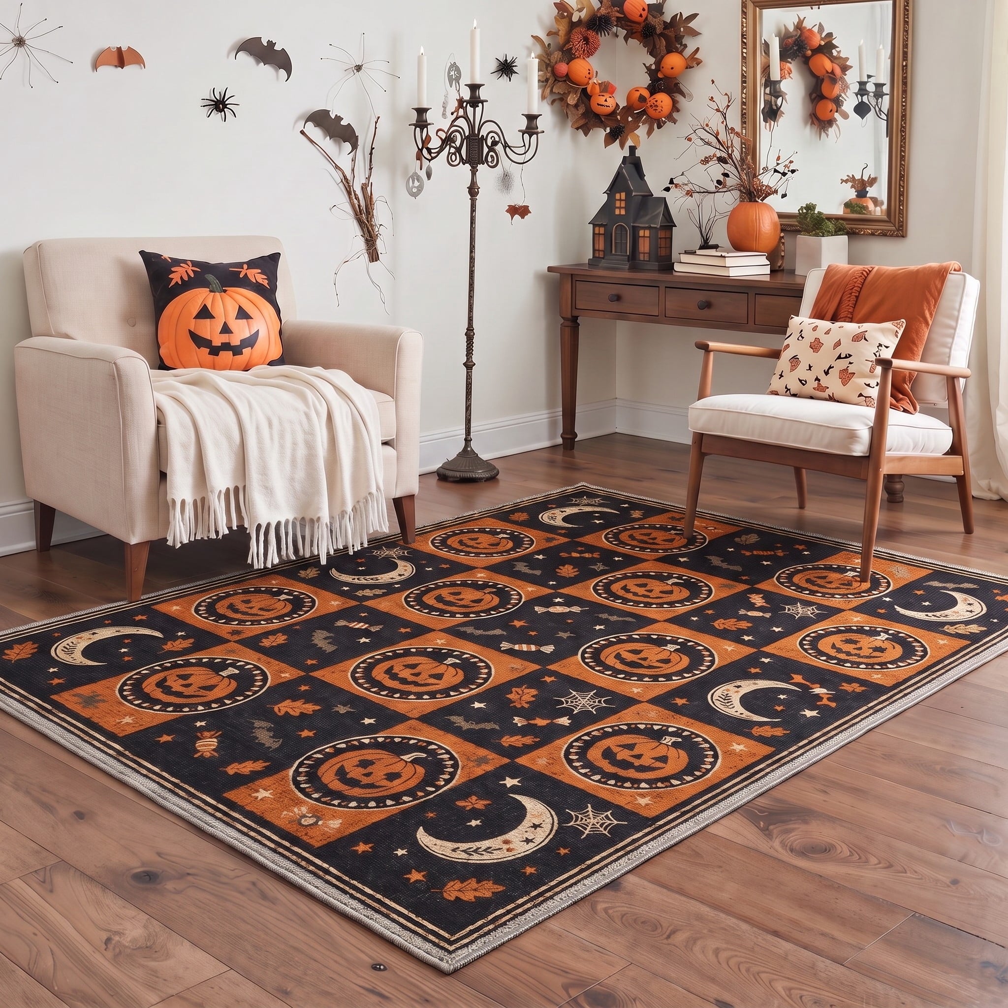 GENIMO 2'x7' Halloween Runner Rug, Washable Non Slip Soft Vintage Witch Indoor Outdoor Hallway Runner for Porch Patio Kitchen Entryway, Vintage Black