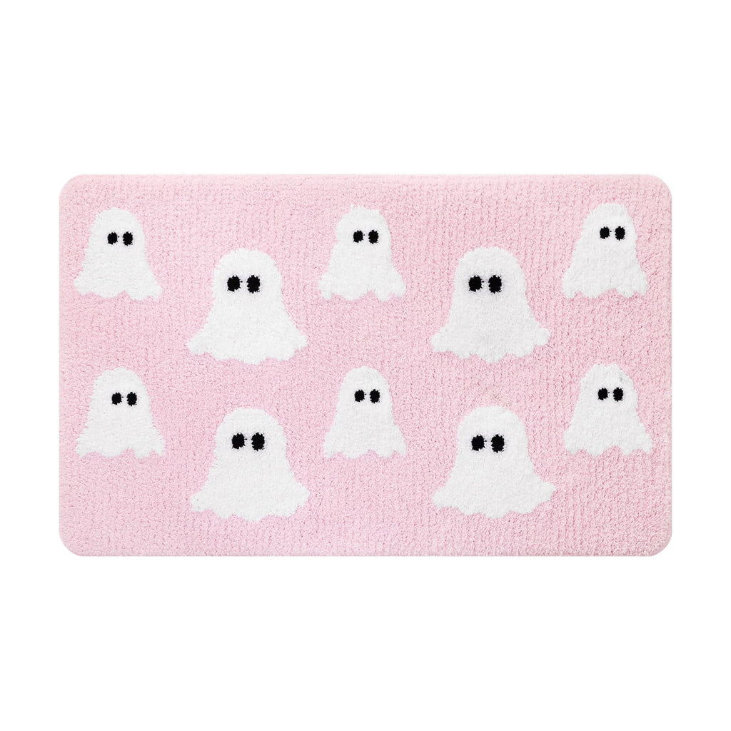 Coollooc Halloween Spooky Ghosts Bath Mat, Light Grey Bathroom Rugs Cute Home Decor Non Slip Gift Shower Rug for Bedroom, Happy Halloween Door Mat, Living Room and Entry(Pink)
