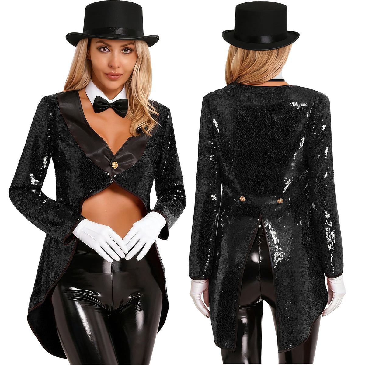 iiniim Women Magician Cosplay Sequin Tailcoat Circus Showman One-Button Tuxedo Jacket Outfits Red M