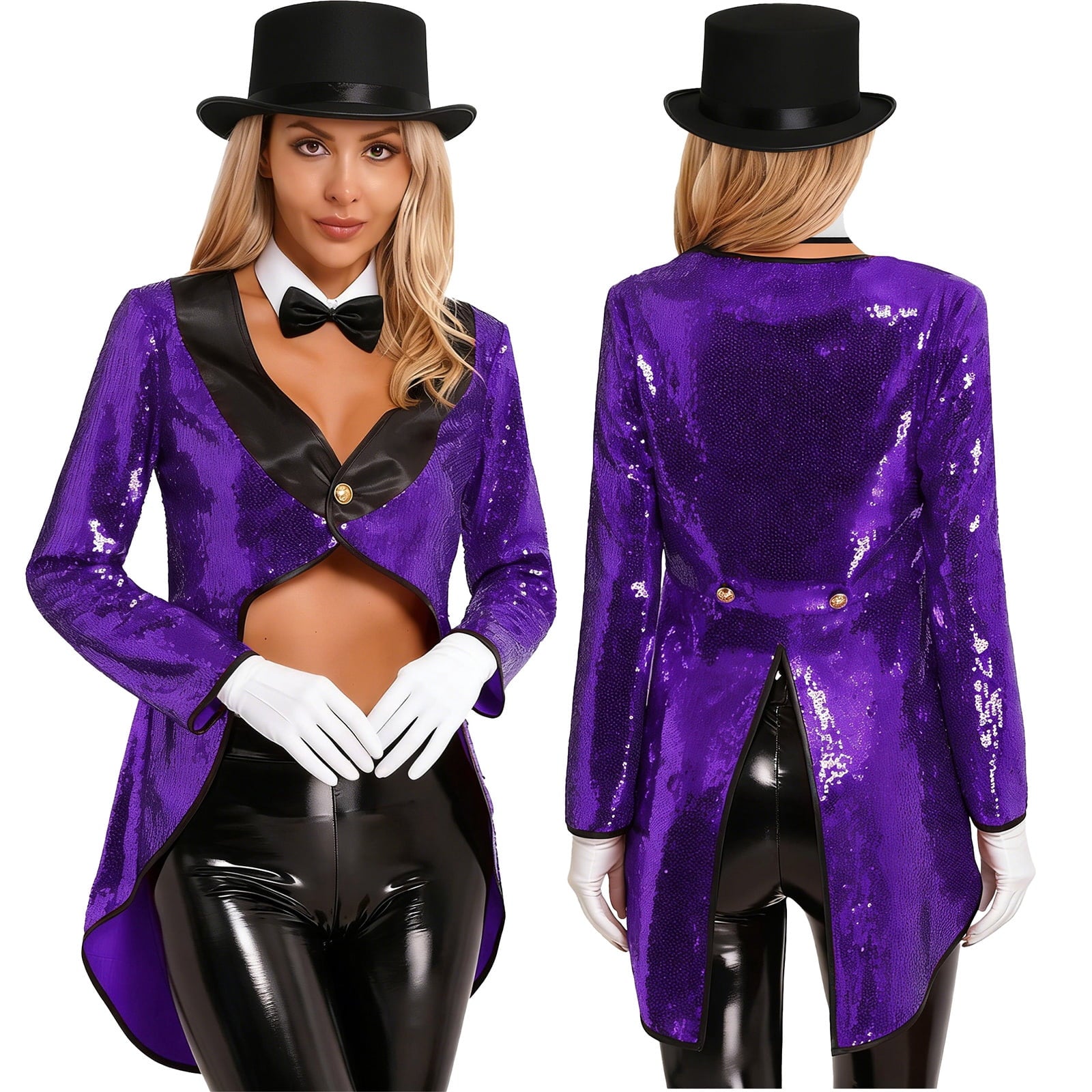 iiniim Women Magician Cosplay Sequin Tailcoat Circus Showman One-Button Tuxedo Jacket Outfits Red M