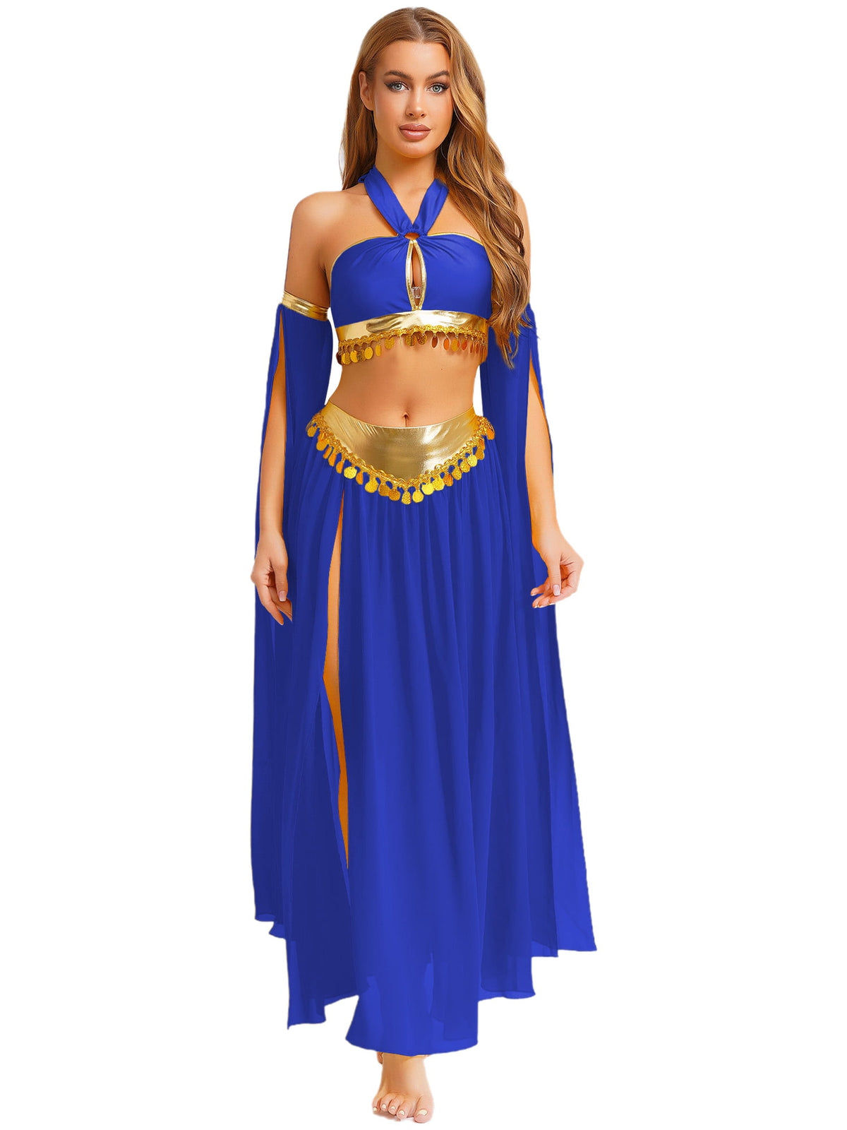 iiniim Women Belly Dance Dress Arabian Greek Princess Halloween Costume Chiffon Skirts 4piece Outfit Green L