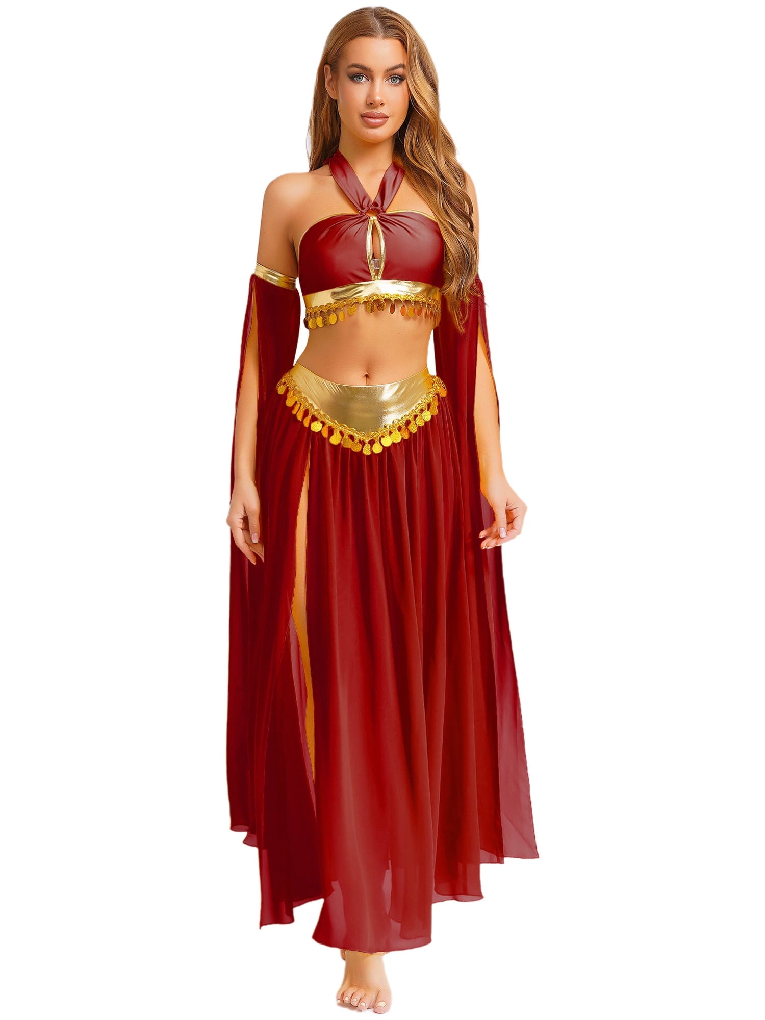 iiniim Women Belly Dance Dress Arabian Greek Princess Halloween Costume Chiffon Skirts 4piece Outfit Green L