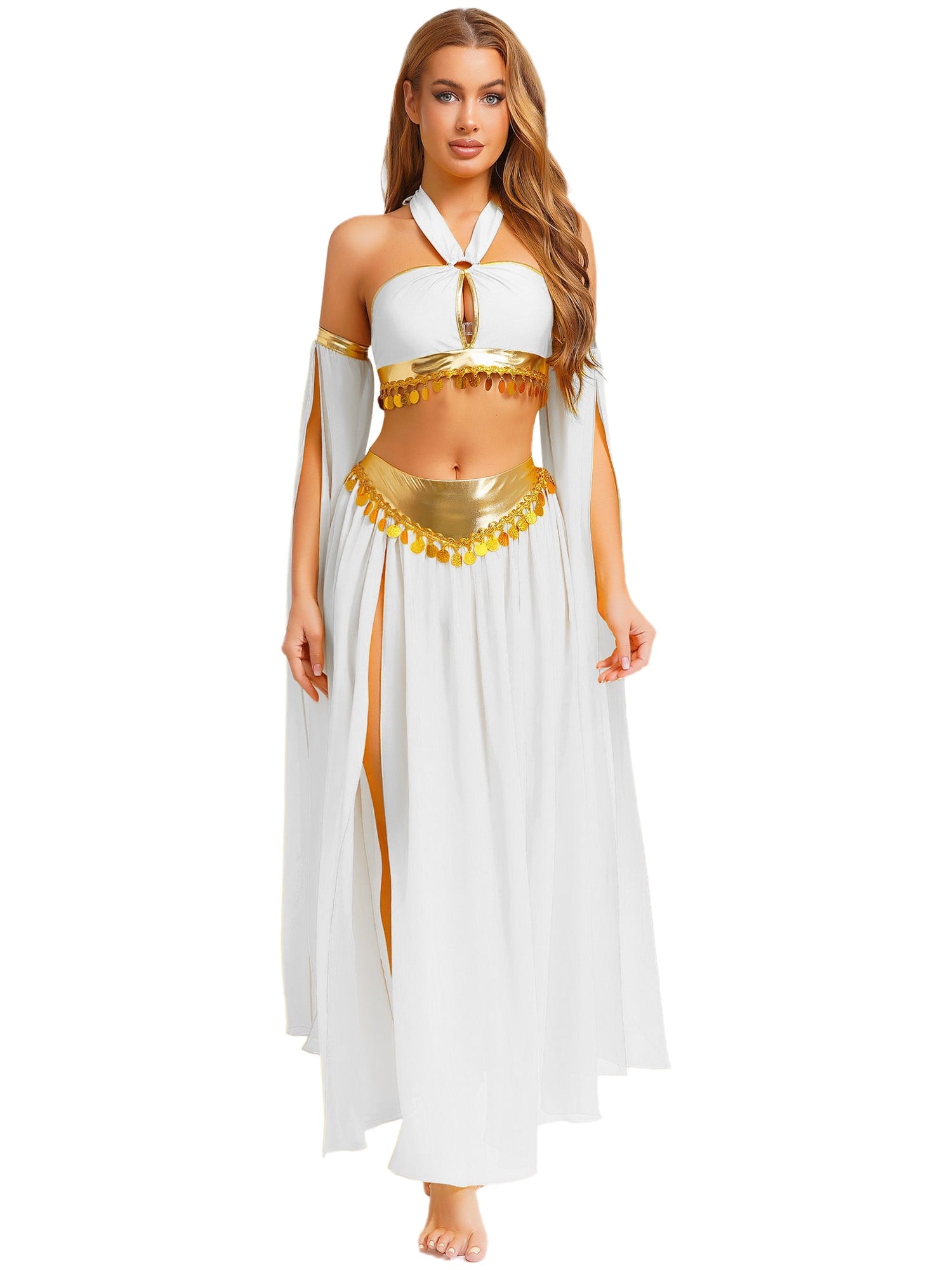 iiniim Women Belly Dance Dress Arabian Greek Princess Halloween Costume Chiffon Skirts 4piece Outfit Green L